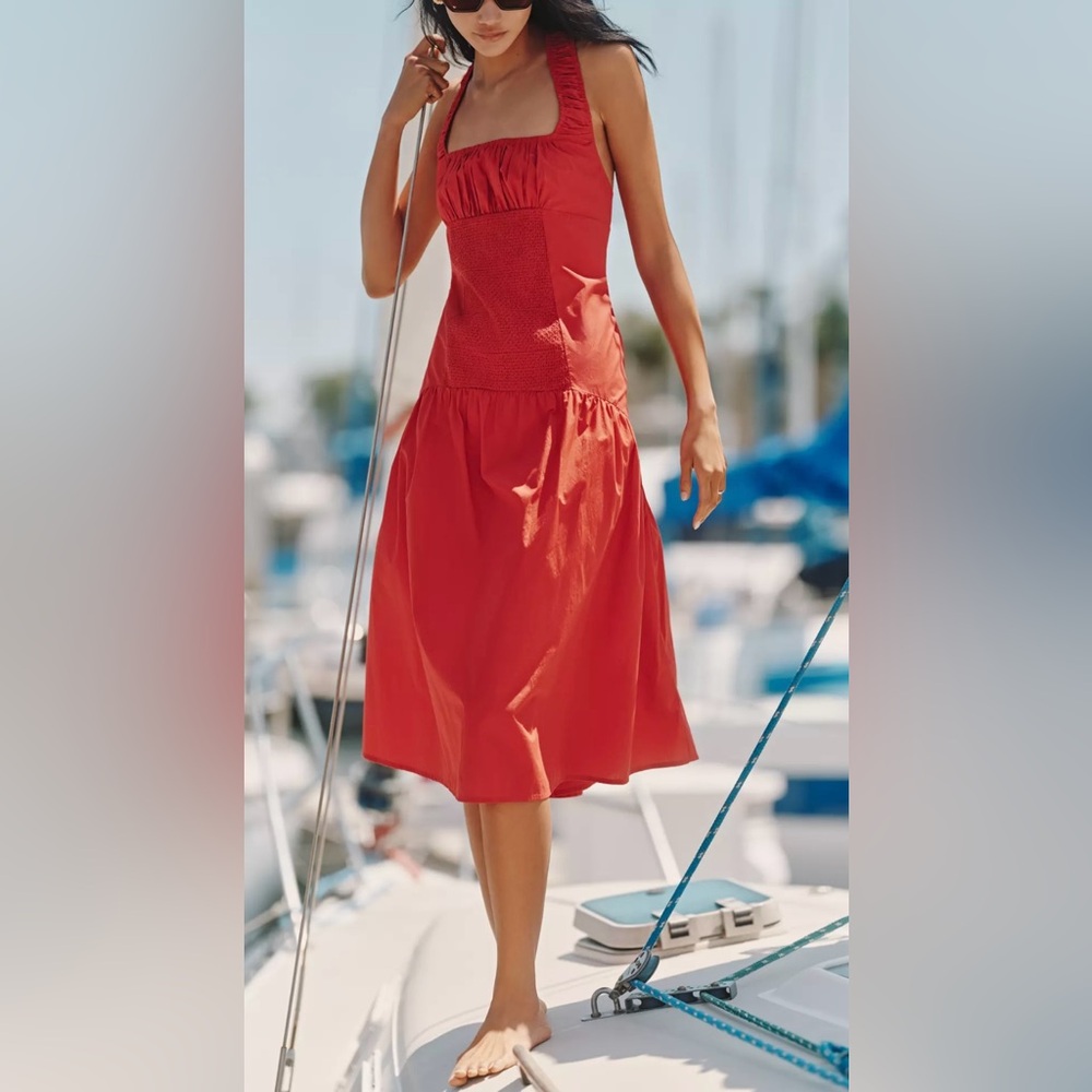 Anthropologie Celandine Sleeveless Smocked Open-Back Midi Dress NWT Red Cotton M